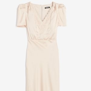 Express Satin Lace Trim Puff Sleeve Dress.